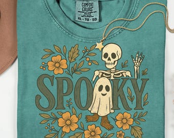 Spooky Skeleton Ghost Floral PNG, Vintage Halloween Shirt Design, Retro Skeleton Ghost Flowers PNG, Cute Spooky Season Graphic