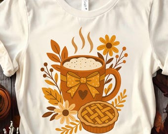 Cozy Fall Latte PNG with Pie, Autumn Coffee Mug Clipart with Bow and Flowers, Pumpkin Spice Shirt Design, Cottagecore Harvest Illustration