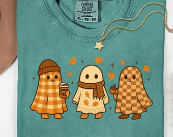 Cozy Autumn Ghost PNG, Cute Fall Ghosts with Sweaters and Plaid, Halloween Coffee Ghost Clipart, Retro Pumpkin Spice Ghost Shirt Design