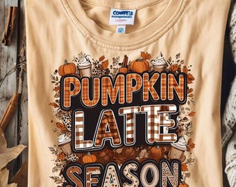 Pumpkin Latte Season PNG, Fall Coffee Shirt Design, Cozy Autumn T-Shirt Graphic, Plaid Pumpkin Spice Latte PNG for Sublimation