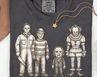 Vintage Horror Movie Villains PNG, Hand Drawn Halloween Slasher Clipart, Scary Killer T Shirt Design, Dark Creepy Spooky Graphic
