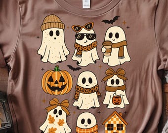 Schattige geesten en pompoenen png, coquette gezellige geest clipart, spooky schattig halloween shirt design, herfstsublimatie downloaden