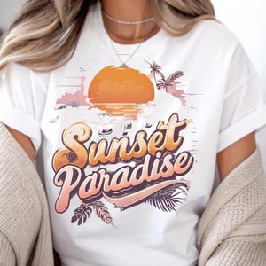 Sunset Paradise PNG Shirt Design, Retro Beach Sunset Graphic, Summer Sublimation Shirt, Vintage Palm Tree Tee PNG for Cricut & DIY T-Shirts