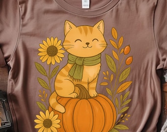 May include: Brown t-shirt featuring a cartoon cat wearing a green scarf, sitting on an orange pumpkin. Sunflowers and autumn foliage surround the cat and pumpkin design. The shirt is made of a soft material.