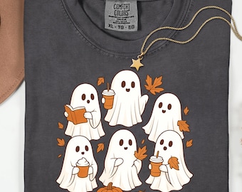 Gezellige herfstspoken png, schattige Halloween-koffiespook clipart, herfst pompoenkruid shirtontwerp, pastel herfstspook digitale download