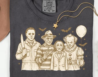 Vintage Horror Movie Characters Halloween Shirt PNG, Spooky Scary Killer Clown Ghost Mask Creepy Art Graphic Tee Digital Download