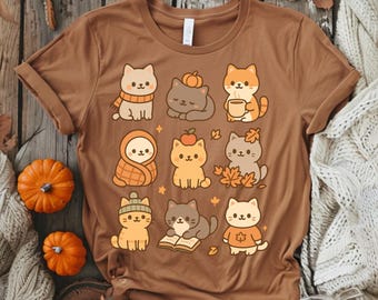 Lindo y acogedor paquete PNG de gatos otoñales, gatitos otoñales con suéteres, calabaza, manta y café, diseño de camiseta de Halloween kawaii, gráfico cottagecore