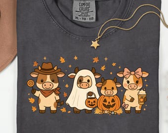 Cute Halloween Cow PNG, Fall Cow Clipart, Pumpkin Ghost Cow Shirt Design, Autumn Farm Animal PNG, Western Cowgirl Halloween Sublimation