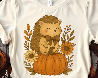 Hérisson d'automne PNG : Clipart citrouille et fleurs, illustration Cottagecore