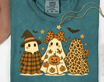 Trio Fantasma Halloween PNG, Clipart de Fantasma de Outono Fofo, Design de Camiseta Retrô Assustadora, Download Digital de Fantasma de Abóbora, Outono PNG