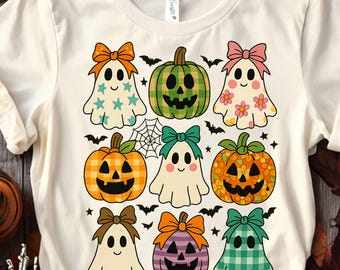 Patterned Ghosts and Pumpkins PNG, Cute Halloween Clipart with Bows, Gingham and Floral Spooky Season Shirt Design, Trendy Fall Illustration