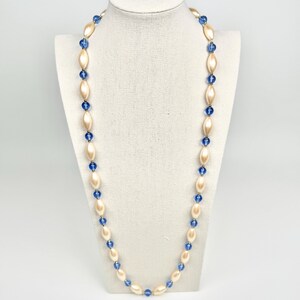 Vintage Monet Signed 36" Faux Pearls & Blue Beaded Gold Plated Necklace - Elegant Jewelry - Statement Necklace - Vintage Necklace