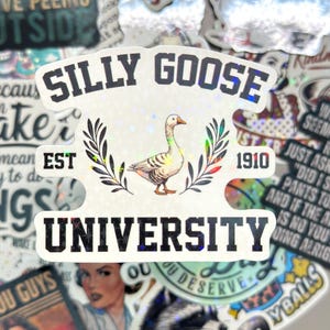 May include: A collection of holographic stickers with various designs. The central sticker reads "SILLY GOOSE UNIVERSITY EST 1910" with a goose illustration. Other stickers feature text and illustrations, including a raccoon and a woman.