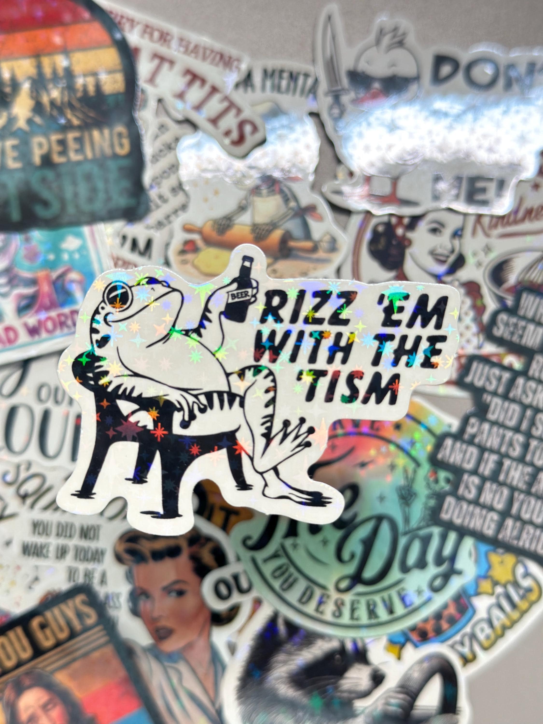 Cool Rizz Sticker Holographic Funny Frog Rizz Em With the Tism Sticker Waterproof Laptop ...