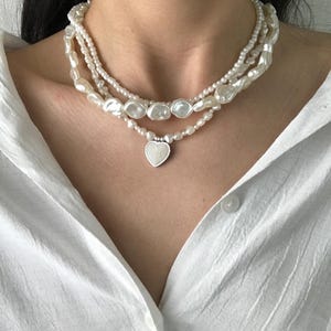 Layered Baroque Pearl Choker Necklace - Multi Strand Freshwater Pearl Necklace with Heart Charm - Elegant Bridal Jewelry Gift