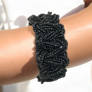 Chunky Black Beaded Bracelet – Handmade Boho Cuff with Intricate Woven Design, Statement Accessory for Bold and Elegant Looks