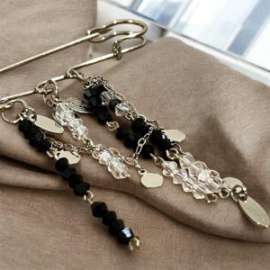 Gothic Black Silver Brooch - Handmade Safety Pin with Beads & Chains - Edgy Dark Aesthetic Jewelry, Alternative Fashion Gift for Her