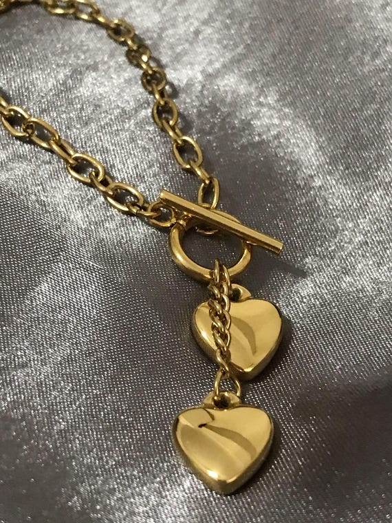 Bracelet Chaînette Double Cœur Doré - Acier Inoxydable Réglable - Neuf