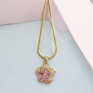 Gold Plated Pink Flower Pendant Necklace - Dainty Floral Jewelry for Women - Elegant Spring Blossom Gift