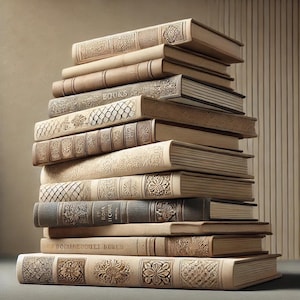 Peut inclure: Une pile de livres anciens avec des couvertures en cuir ornées et des détails décoratifs. Les livres sont disposés en pile verticale, le livre du haut étant légèrement décalé par rapport aux autres. Les livres sont tous dans des tons de brun et de crème, et les couvertures sont décorées de motifs et de dessins complexes.