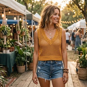 May include: A woman in a mustard yellow crochet top and denim shorts walks through an outdoor market. The market stalls are lined with plants, textiles, and other handcrafted goods. String lights and hanging plants add to the ambiance.