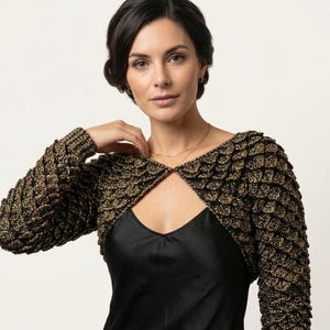 Crochet Bolero Pattern Crocodile Stitch Crossover Shrug Metallic Long Sleeve PDF XS-4XL