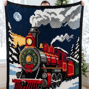 Christmas Train C2C Crochet Blanket Pattern, Steam Locomotive Graph, Snowy Holiday Throw PDF