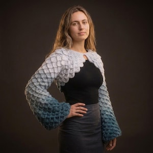 May include: A cropped shrug featuring a textured scale-like knit pattern that transitions in color from a light pale blue at the shoulders to a deep teal at the flared sleeve cuffs. The garment has long sleeves and a small circular neckline opening.