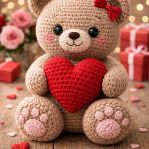 May include: A crocheted teddy bear with a red heart, bow, and paw pads. The bear is light brown with a red heart and bow. Pink hearts and paw prints are on the bear's feet. The background includes roses and gift boxes.