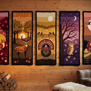 Autumn Crochet Wall Hanging Pattern Set, Five Panel Fall Tapestry, Fox Owl Barn PDF