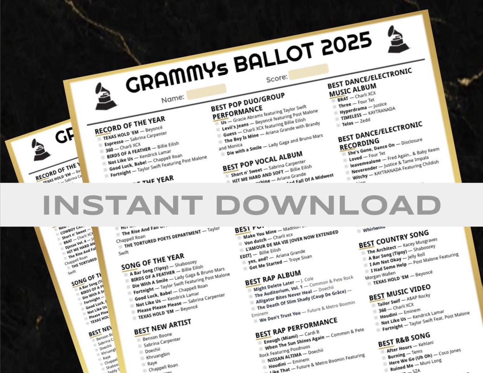 GRAMMYS BALLOT 2025 Fun Printable Game for 67th Grammy Awards Night