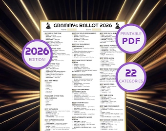 2026 GRAMMYS BALLOT: Printable Game for 68th Grammy Awards Night Celebration, Grammy Prediction Activity