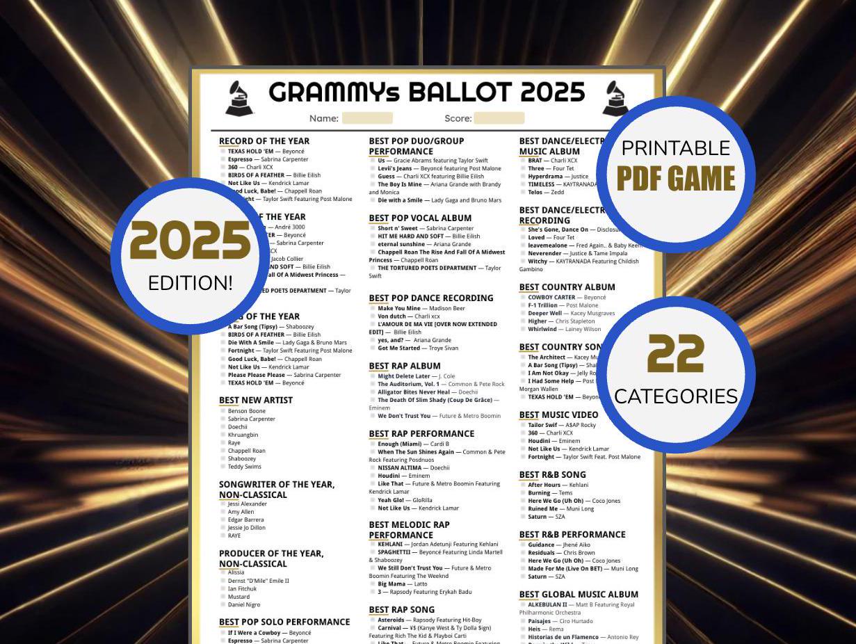 GRAMMYS BALLOT 2025 Fun Printable Game for 67th Grammy Awards Night