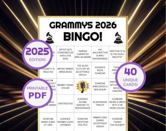 GRAMMYS BINGO 2026: Printable Activity for 68th Grammy Awards Night | Music Predictions Party Game