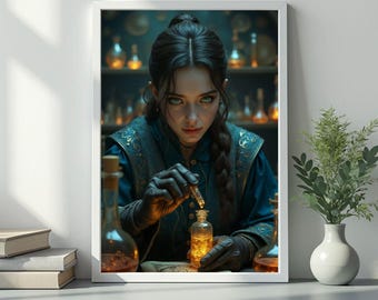 The Elixir Maker – Stampa artistica digitale fantasy di una ragazza alchimista incantevole