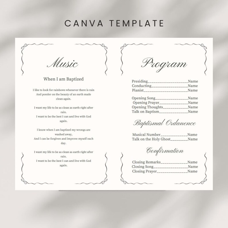 Puede incluir: Una plantilla de programa imprimible para una ceremonia de bautismo. La plantilla incluye secciones para m&uacute;sica, el programa, la ordenanza bautismal y la confirmaci&oacute;n. El texto incluye las palabras "Cuando soy bautizado" y "Ordenanza bautismal".