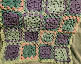 Hand-Made Granny Square Crocheted Quilt-Style Baby Afghan