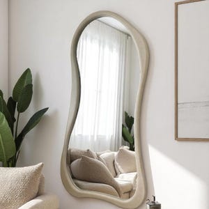 Organic Wavy Full Length Mirror | Natural Wood Asymmetrical Floor Mirror | Aesthetic Irregular Body Mirror | Modern Home Decor Statement