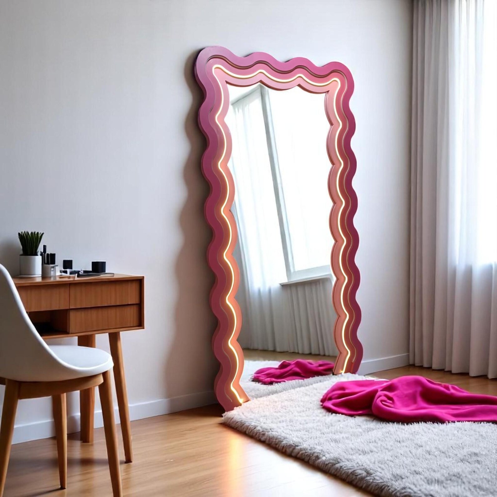 Unique Full-length Mirror With Curved Pink Wooden Frame - Pink Wavy ...