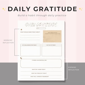 Gratidão matinal / Gratidão diária / diário de gratidão / página / para impressão / reflexões matinais e noturnas / hábito diário