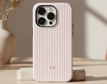 Personalized Preppy Pink Phone Case Custom Monogram iPhone Case Pink Striped Phone Cover, Summer Coastal Galaxy Case, Pixel 10 9 | PCM-ST20