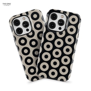 May include: Two black and beige phone cases with a repeating pattern of black circles on a beige background. The cases are designed for a phone with a triple camera lens.