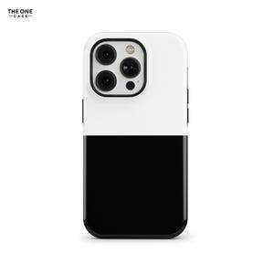 May include: A two-tone phone case, white at the top and black at the bottom. The case has a glossy finish and a camera cutout with multiple lenses. The brand name "THE ONE CASE" is printed in the top left corner.