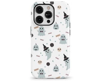 Cute Spooky Ghost Pumpkin Halloween Phone Case for iPhone 17 16e 15 14 13 Pro Max, Samsung Galaxy S25 S23, Google Pixel 10 9 8 7 | SOC-HW38
