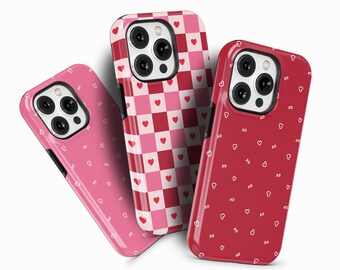 Pink and Red Hearts Phone Case for iPhone 16 15 14 13 Pro Max, Samsung Galaxy S24 S23, Google Pixel 9  – Cute Checkered Pink Case | PCM-LH18