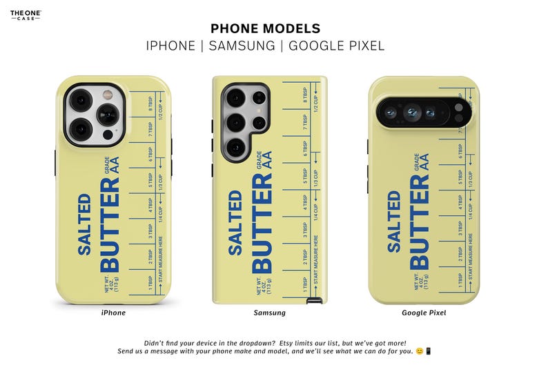 Pu&ograve; includere: Custodie per telefono con un design a tema burro. Le custodie sono gialle con testo blu che recita "SALTED BUTTER". Disponibili per iPhone, Samsung e Google Pixel. Le custodie hanno un design a forma di righello con misure.