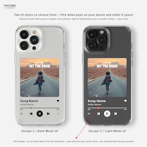May include: Two phone case designs featuring a music player interface with a song titled "Hit the Road". The first design has a dark mode UI with a white background and black text. The second design has a light mode UI with a black background and white text.