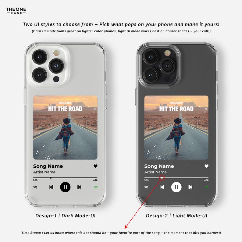 May include: Two phone case designs featuring a music player interface with a song titled "Hit the Road". The first design has a dark mode UI with a white background and black text. The second design has a light mode UI with a black background and white text.