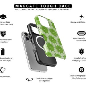 Op de afbeelding: Een zwarte en limoengroene MagSafe stevige telefoonhoes met een limoenschijfjespatroon. De hoes wordt in lagen getoond, waarbij kenmerken zoals de dubbellaagse constructie en MagSafe-compatibiliteit worden benadrukt. De tekst op de hoes luidt "MAGSAFE TOUGH CASE".