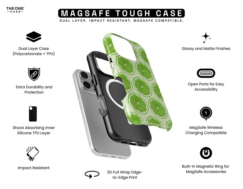 Op de afbeelding: Een zwarte en limoengroene MagSafe stevige telefoonhoes met een limoenschijfjespatroon. De hoes wordt in lagen getoond, waarbij kenmerken zoals de dubbellaagse constructie en MagSafe-compatibiliteit worden benadrukt. De tekst op de hoes luidt "MAGSAFE TOUGH CASE".